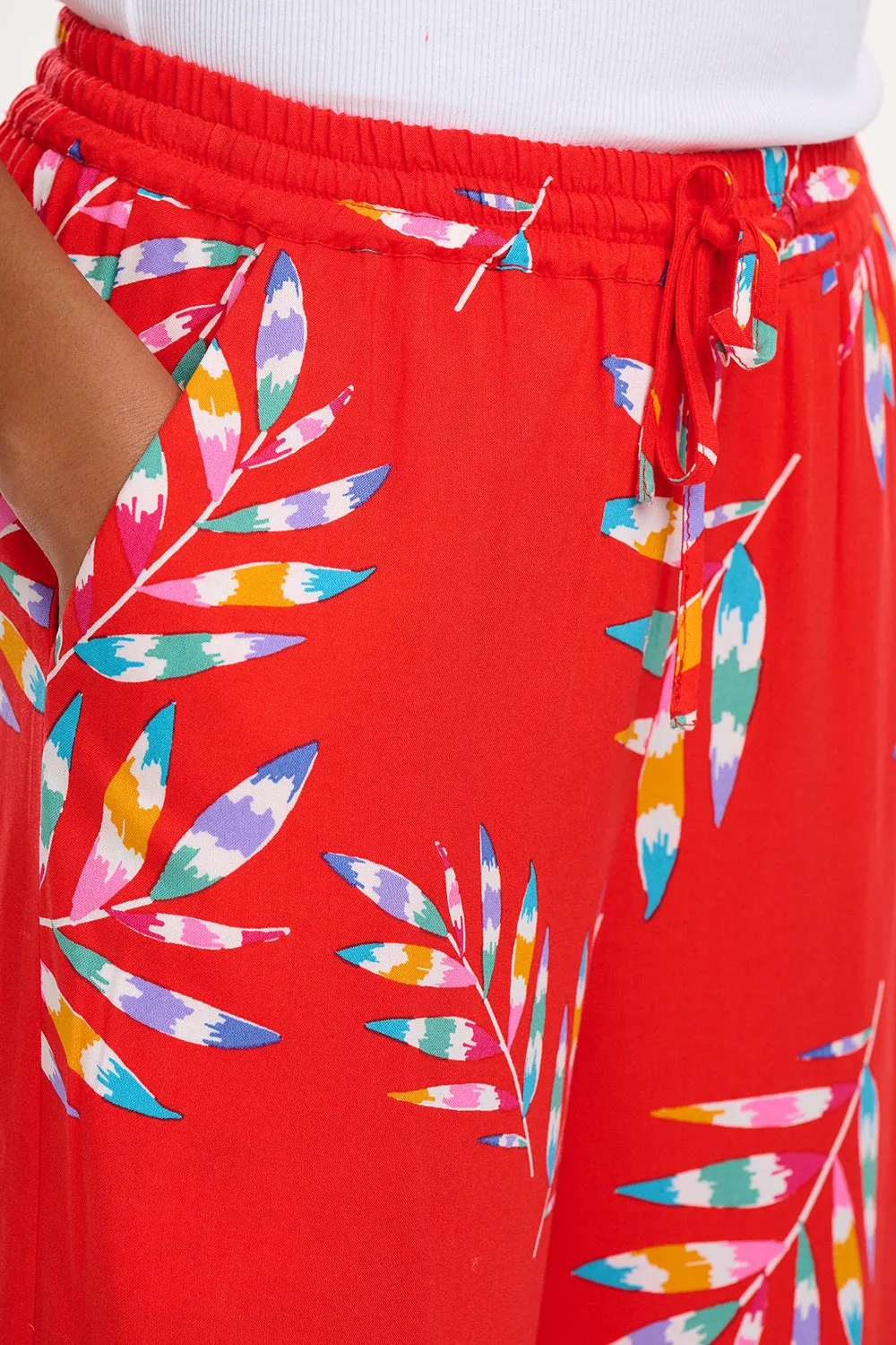 Ameera Cropped Wide Leg Trousers - Red. Rainbow Fronds