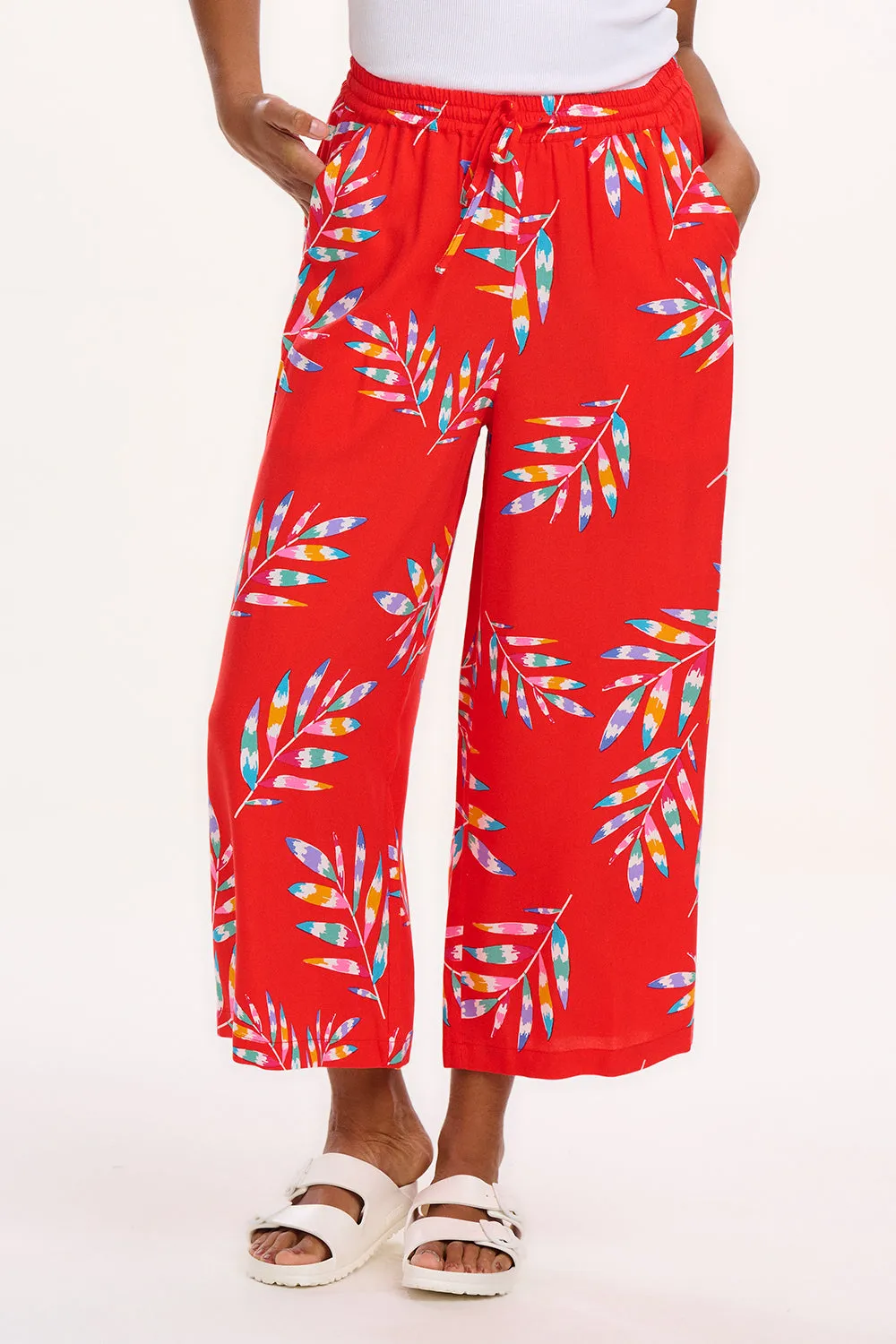 Ameera Cropped Wide Leg Trousers - Red. Rainbow Fronds