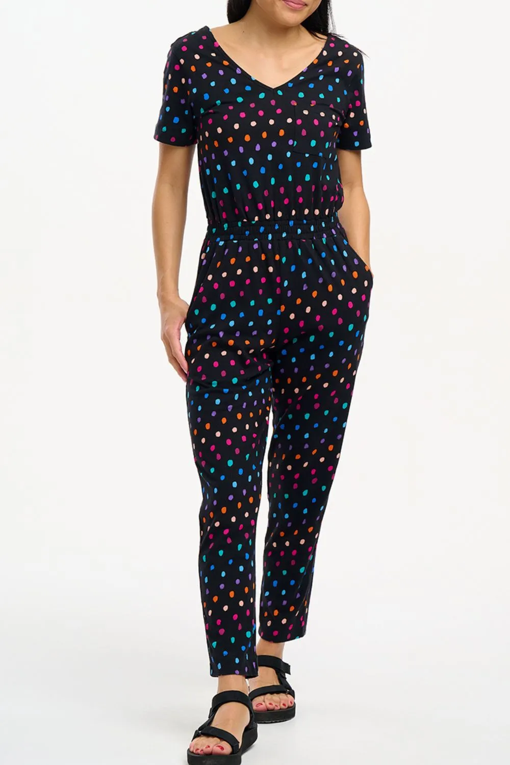Bianca Jersey Jumpsuit - Black. Rainbow Painterly Spot