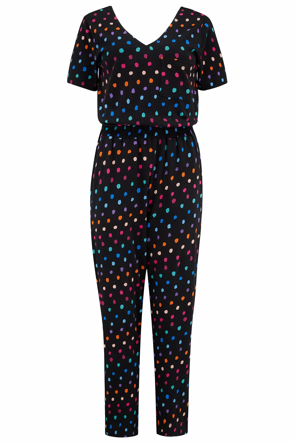 Bianca Jersey Jumpsuit - Black. Rainbow Painterly Spot