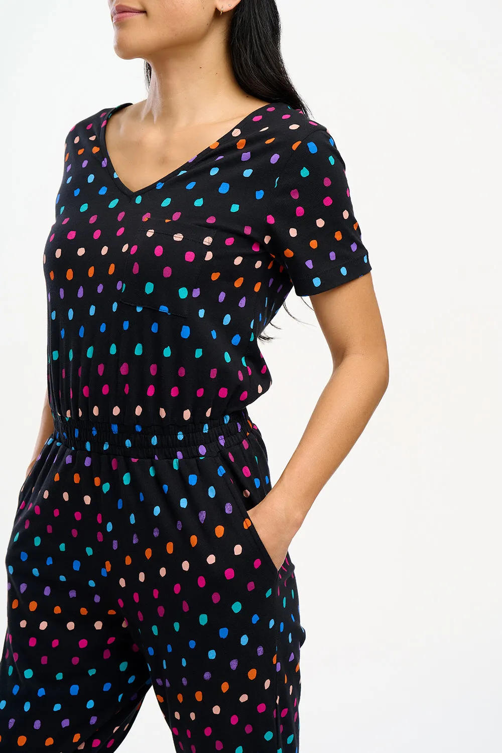 Bianca Jersey Jumpsuit - Black. Rainbow Painterly Spot