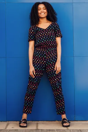 Bianca Jersey Jumpsuit - Black. Rainbow Painterly Spot
