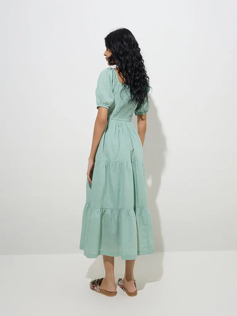 Bombay Paisley Green Floral Design Cotton Tiered Dress