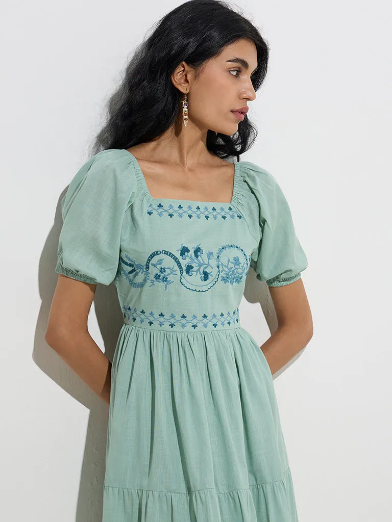 Bombay Paisley Green Floral Design Cotton Tiered Dress