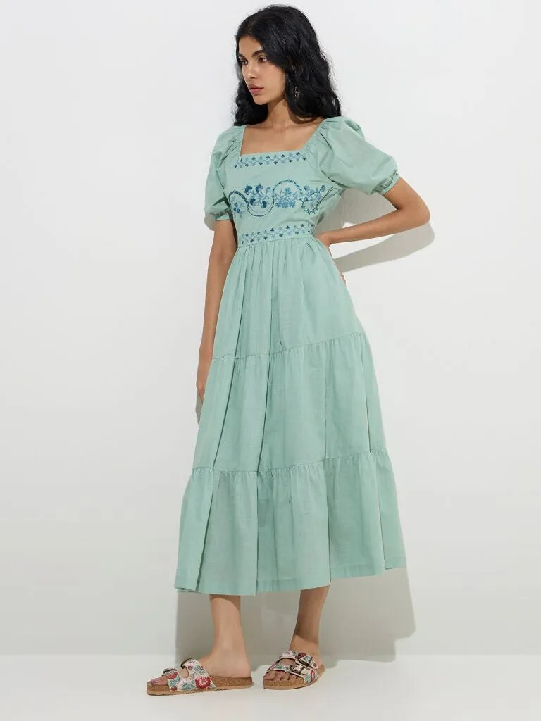 Bombay Paisley Green Floral Design Cotton Tiered Dress