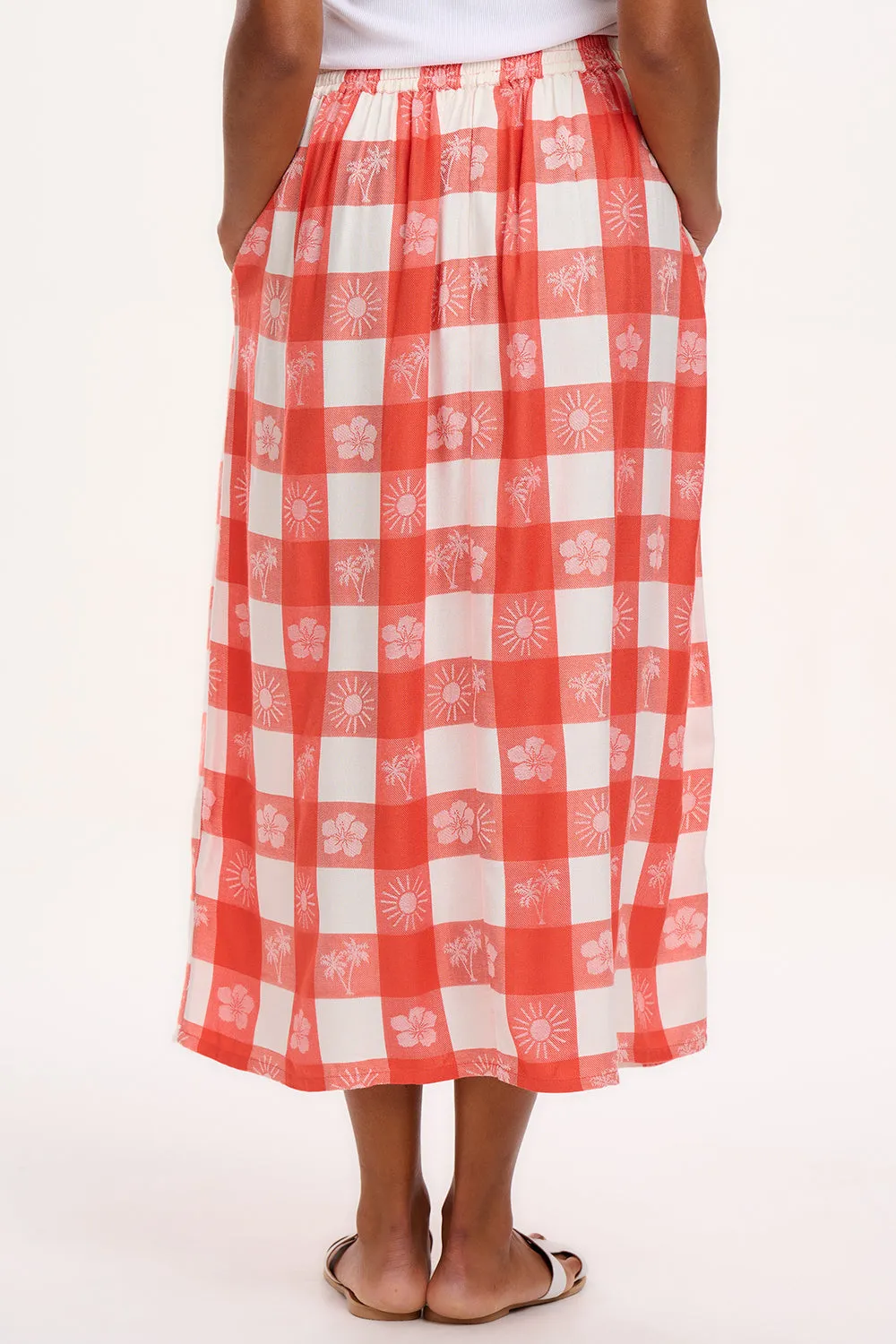 Cecilia Skirt - Off-White/Coral. Tropical Gingham