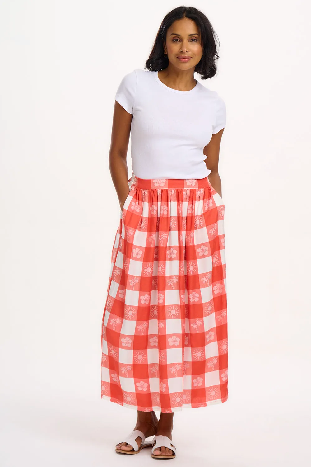 Cecilia Skirt - Off-White/Coral. Tropical Gingham