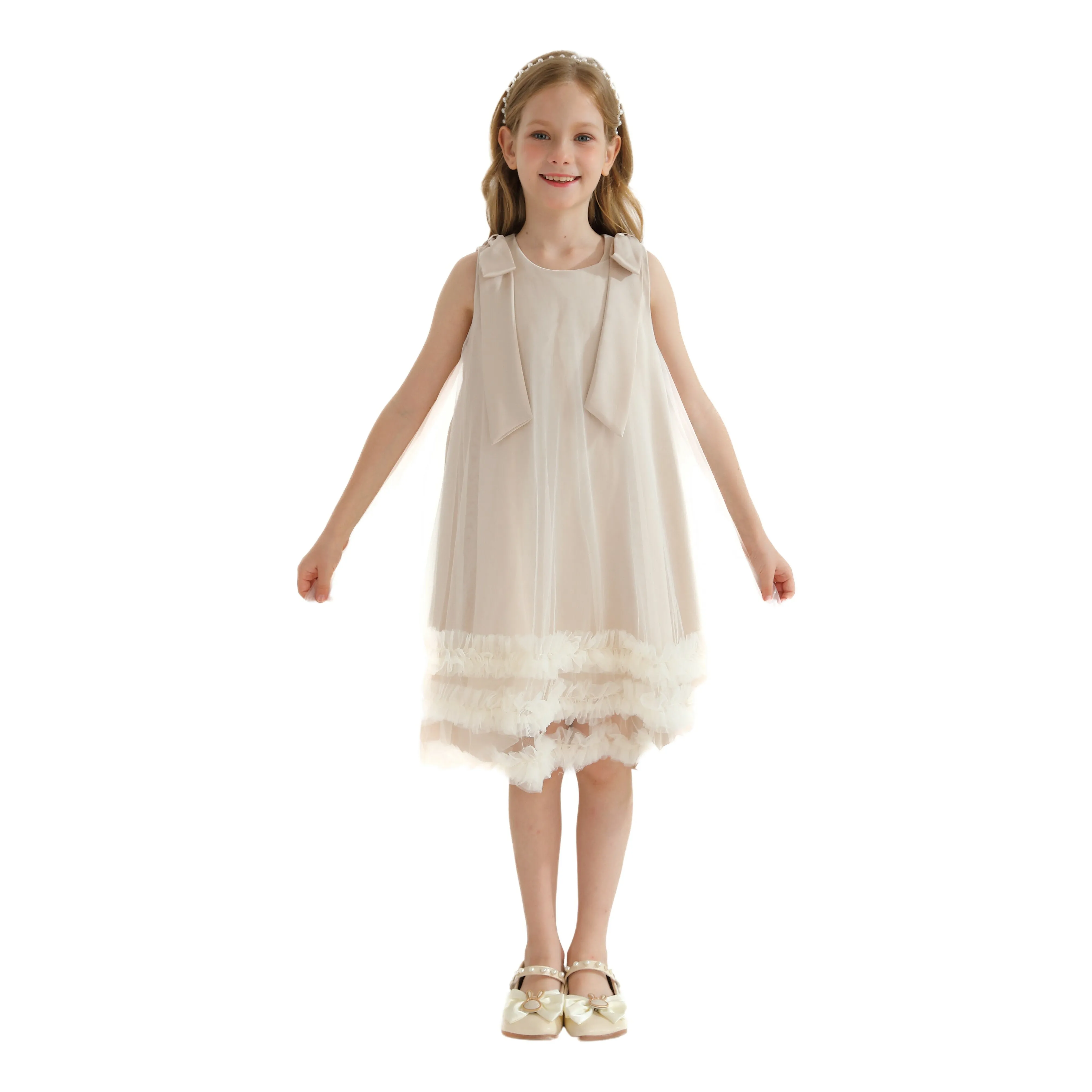 Cream Violeta Sleeveless Ruffle Overlay Dress