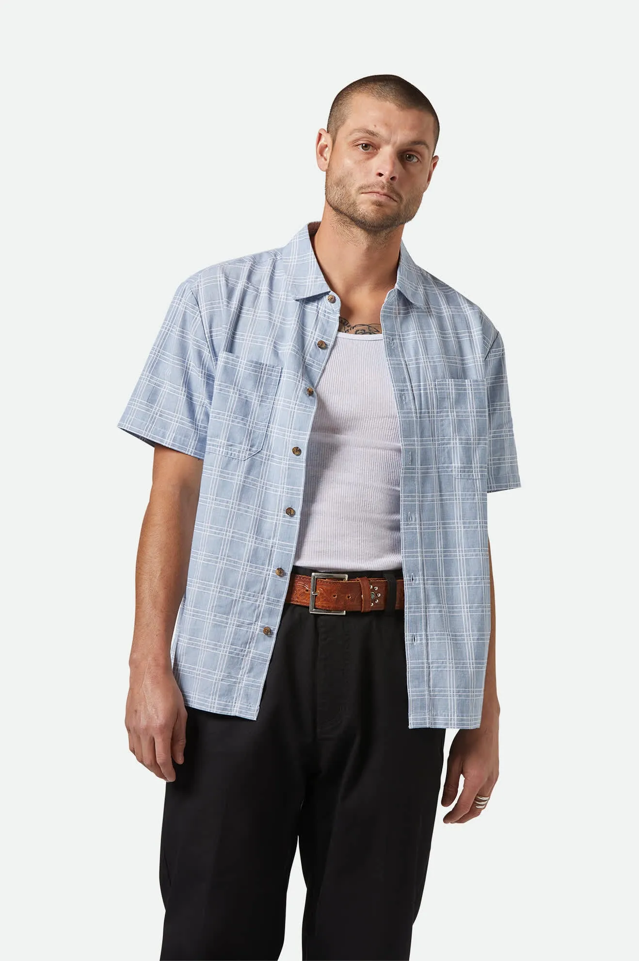 CRU Oxford Plaid Relaxed S/S Shirt - Light Blue/White Plaid