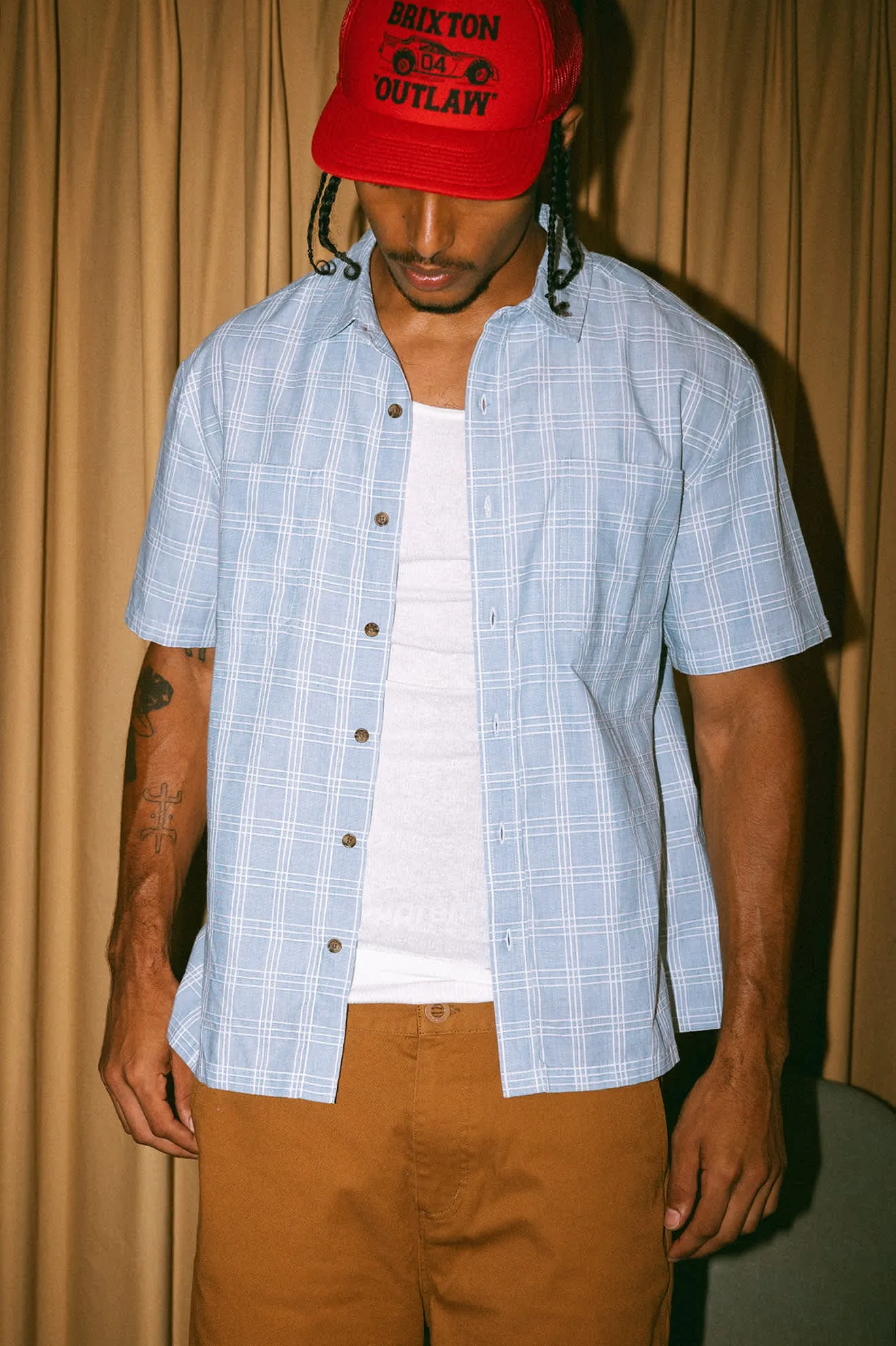 CRU Oxford Plaid Relaxed S/S Shirt - Light Blue/White Plaid