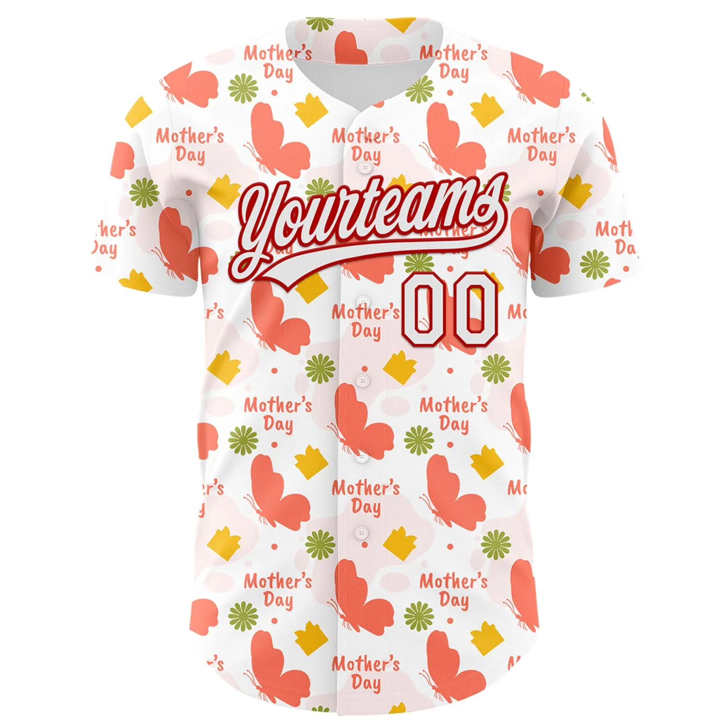 Custom White Red 3D Pattern Design Mother's Day Love Authentic Baseball Jersey