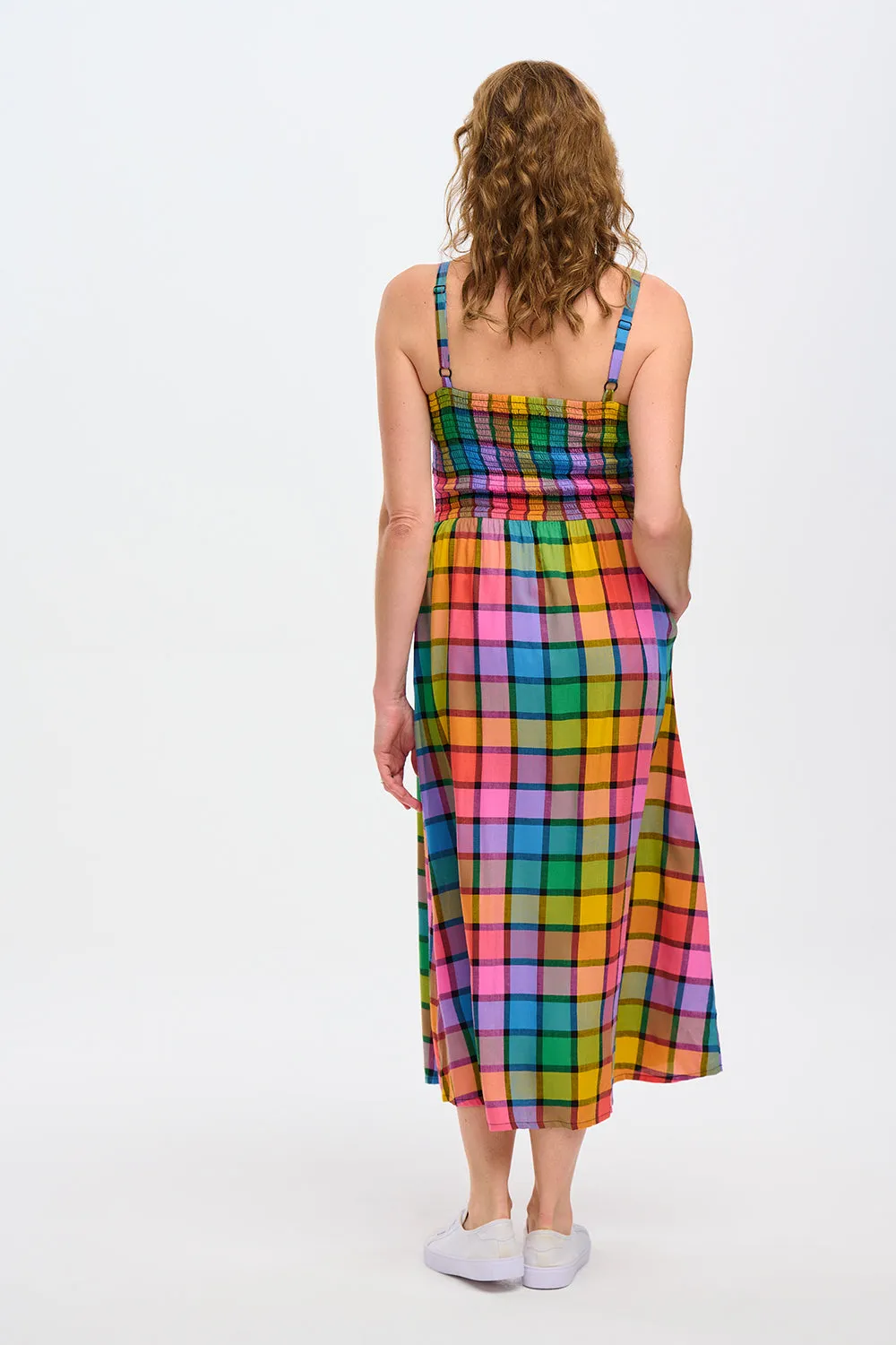 Denali Midi Shirred Sundress - Multi. Summer Rainbow Check