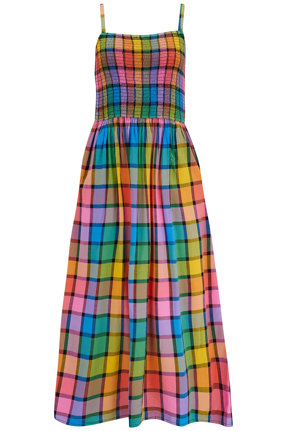 Denali Midi Shirred Sundress - Multi. Summer Rainbow Check