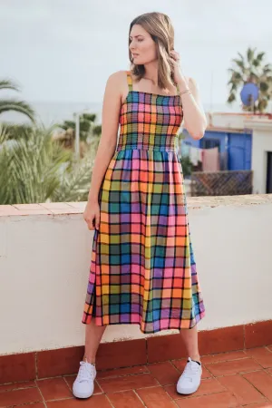Denali Midi Shirred Sundress - Multi. Summer Rainbow Check