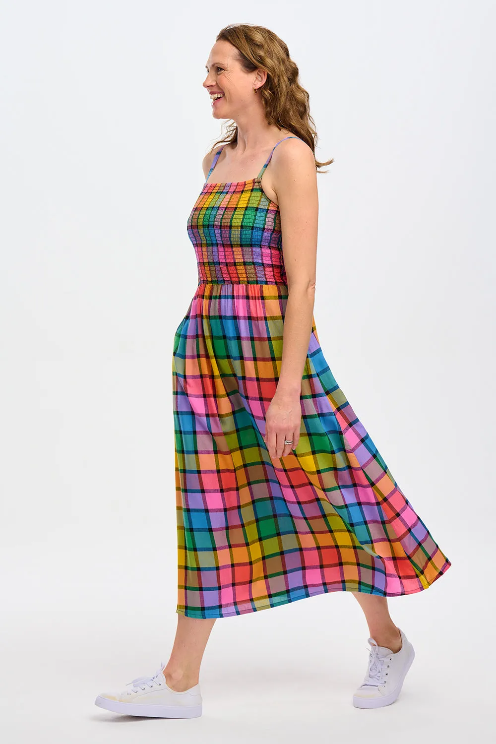 Denali Midi Shirred Sundress - Multi. Summer Rainbow Check