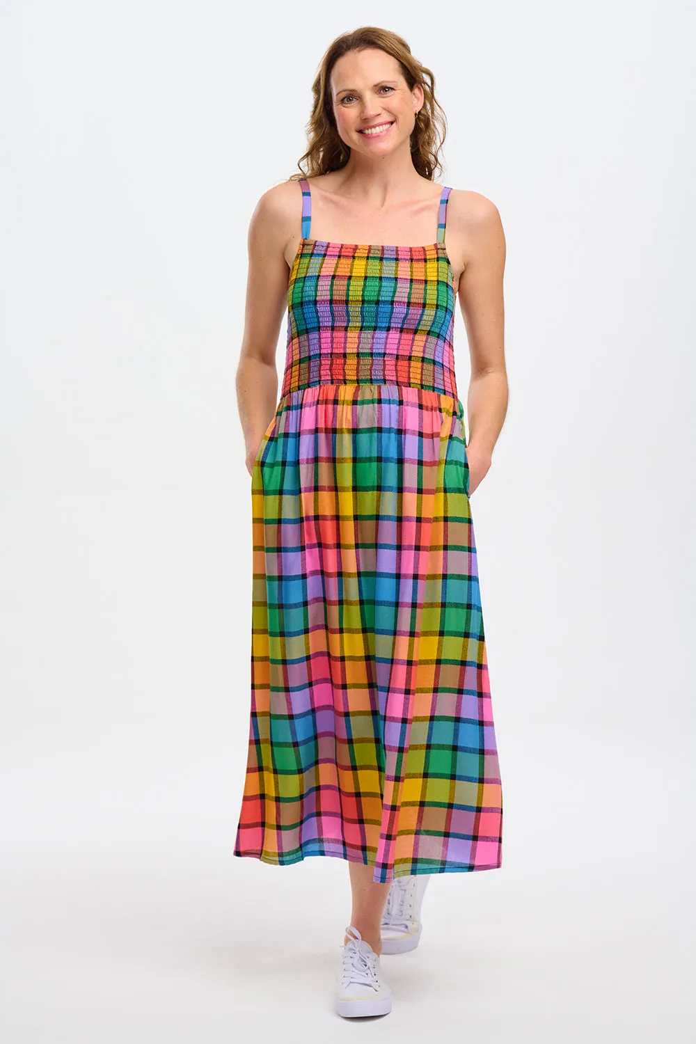Denali Midi Shirred Sundress - Multi. Summer Rainbow Check