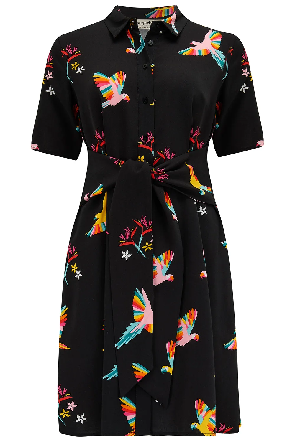 Dessie Mini Shirt Dress - Black. Tropical Parrots
