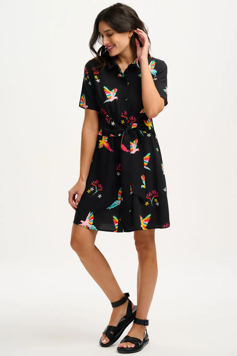 Dessie Mini Shirt Dress - Black. Tropical Parrots