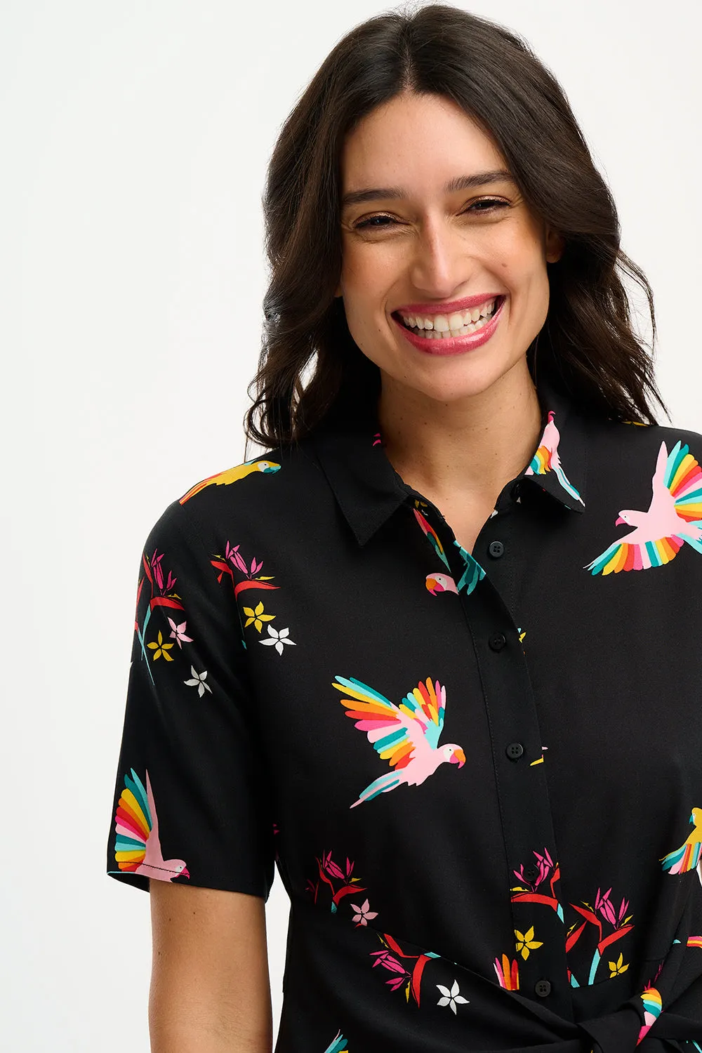 Dessie Mini Shirt Dress - Black. Tropical Parrots
