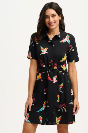 Dessie Mini Shirt Dress - Black. Tropical Parrots