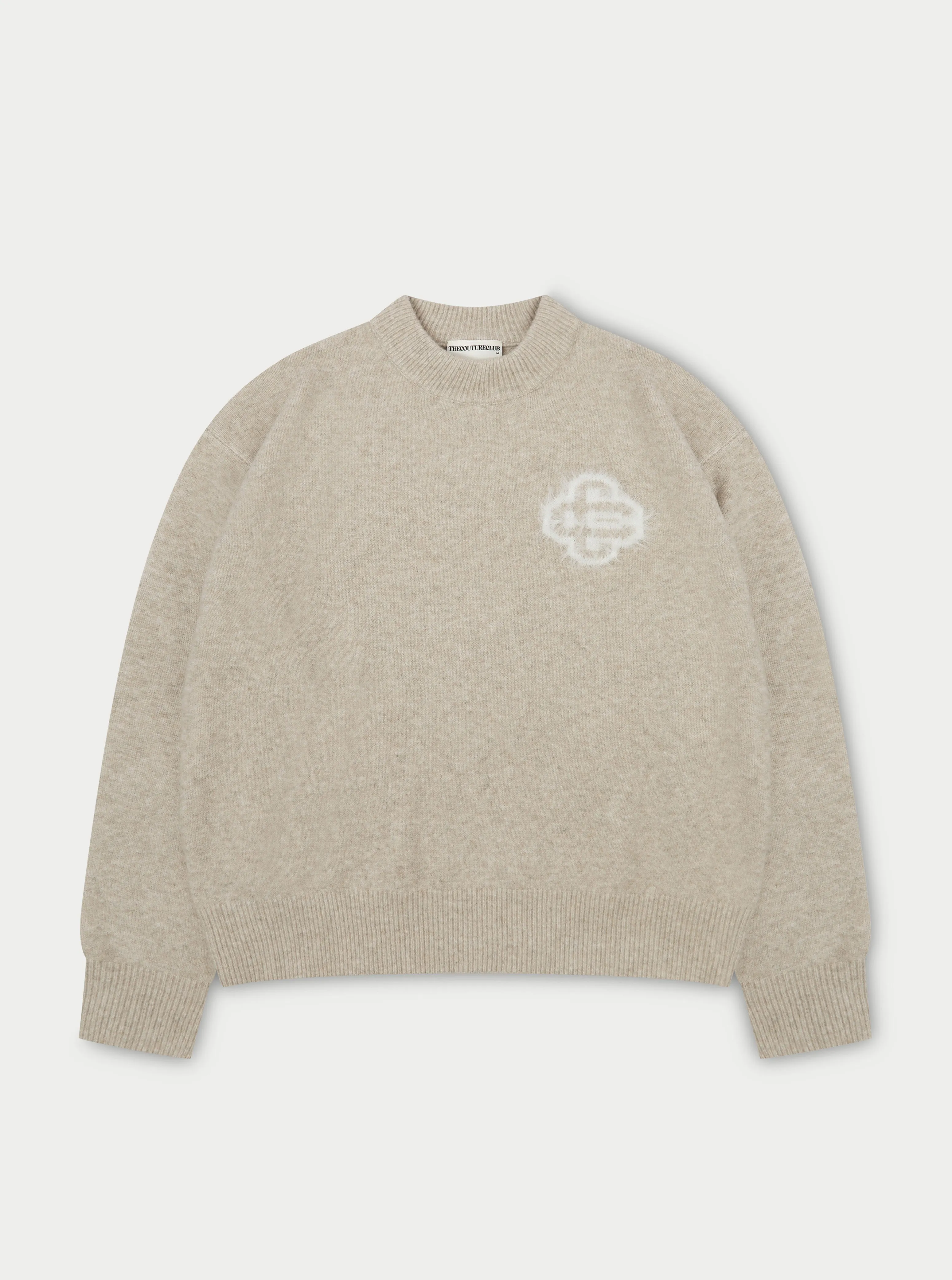 FLUFFY EMBLEM KNITTED CREW - BEIGE