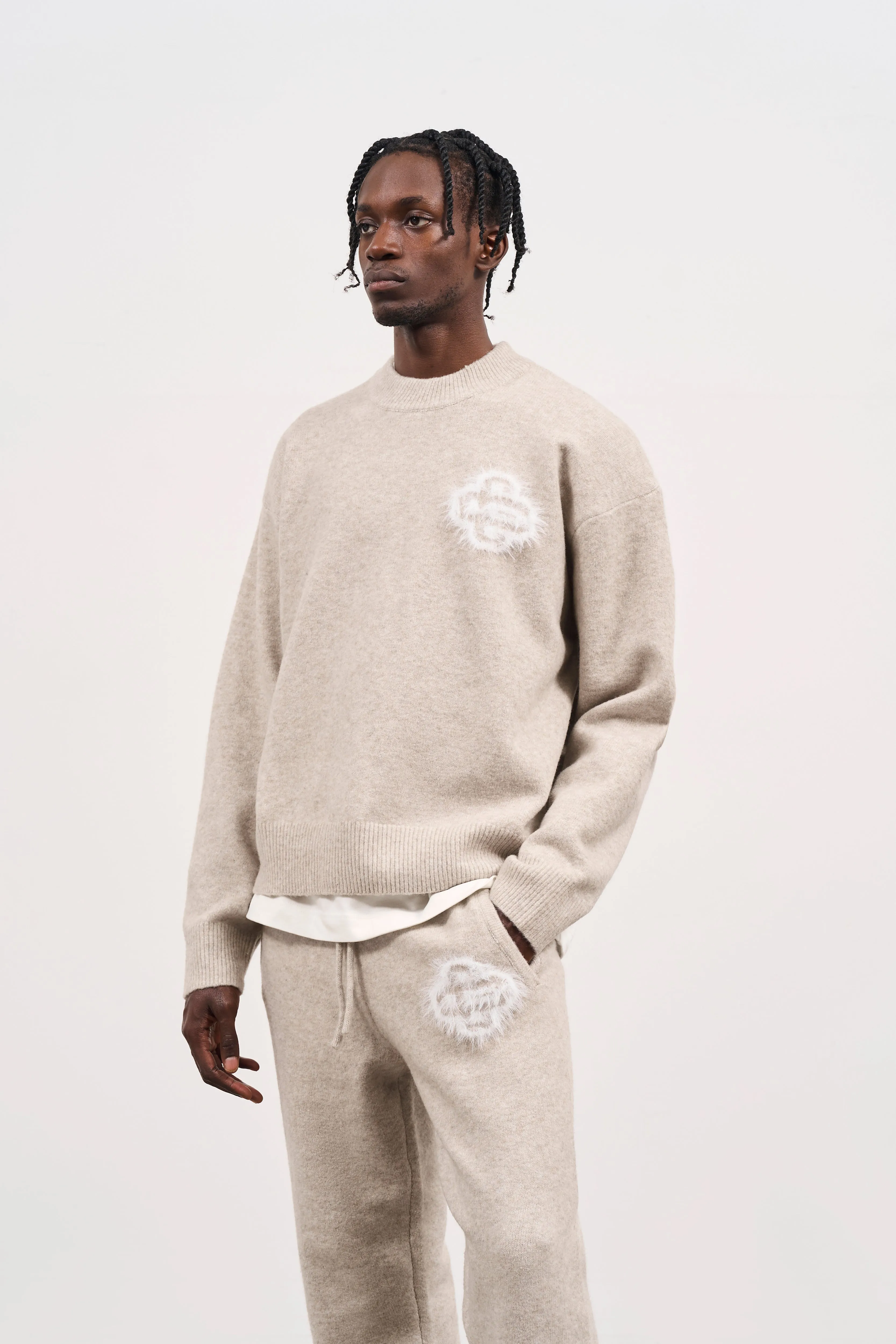 FLUFFY EMBLEM KNITTED CREW - BEIGE