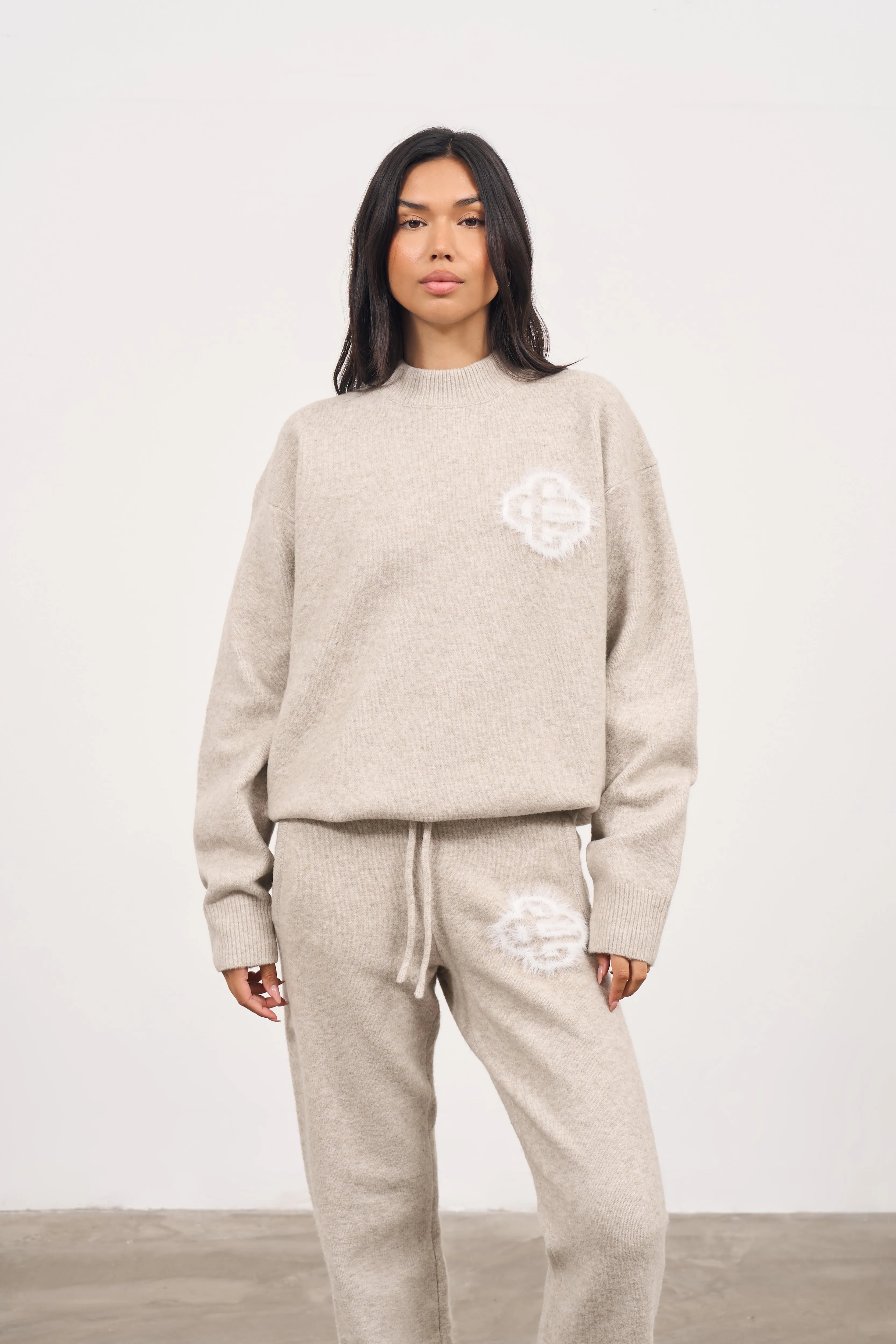 FLUFFY EMBLEM KNITTED CREW - BEIGE