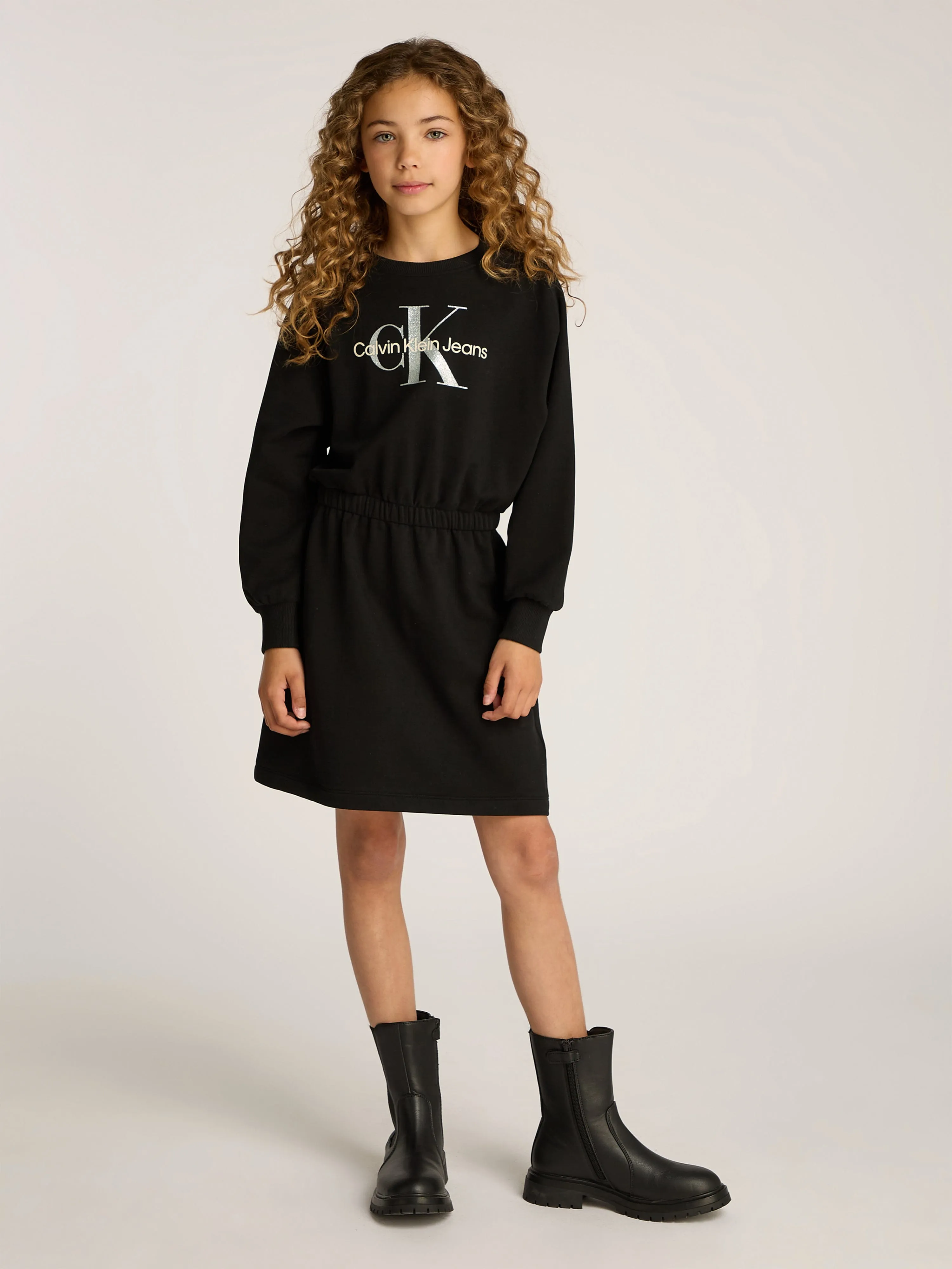 Girls Glitter Monologo Sweater Dress in Black