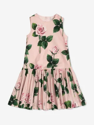 Girls Sleeveless Rose Print Dress in Pink