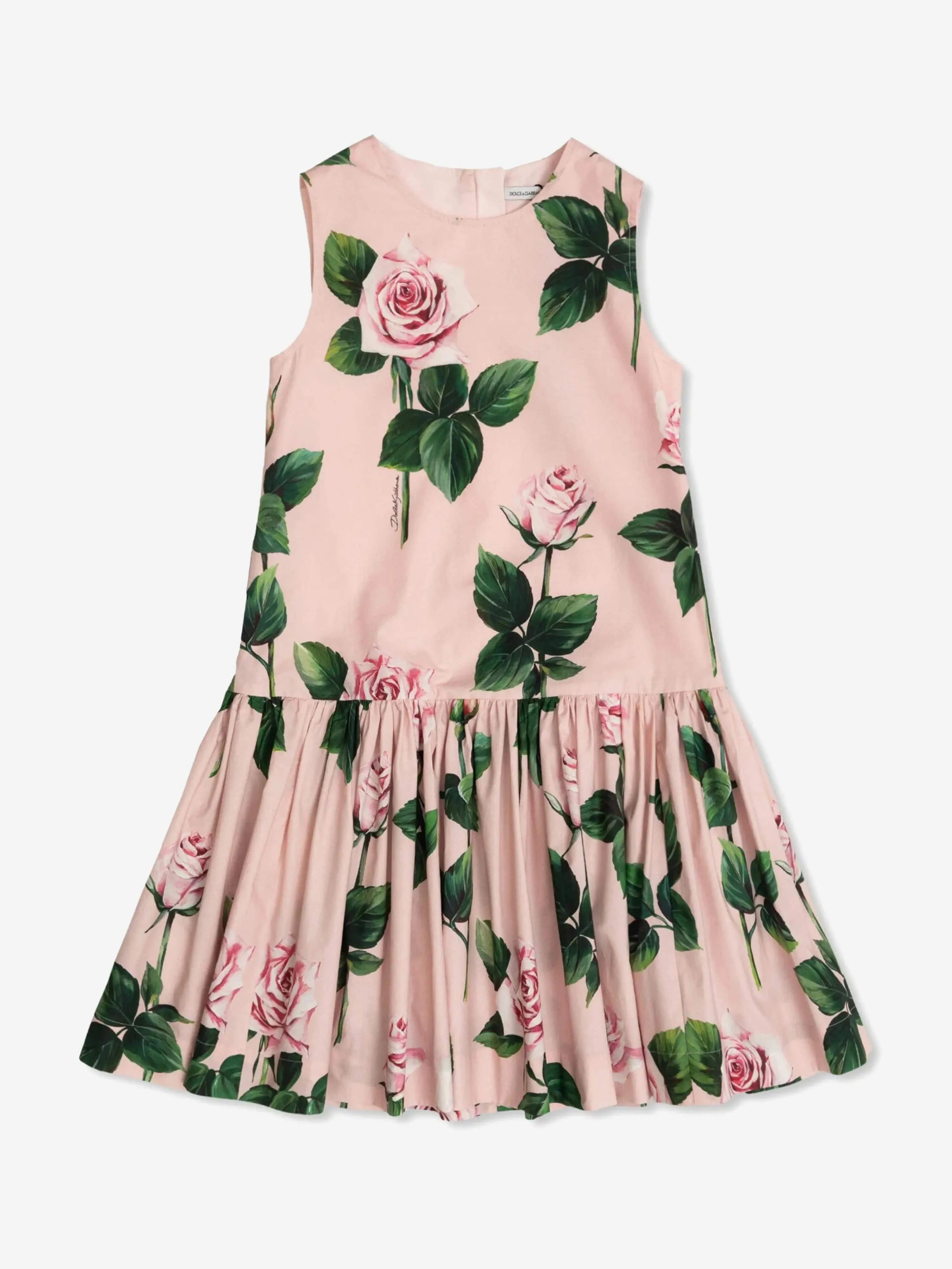Girls Sleeveless Rose Print Dress in Pink