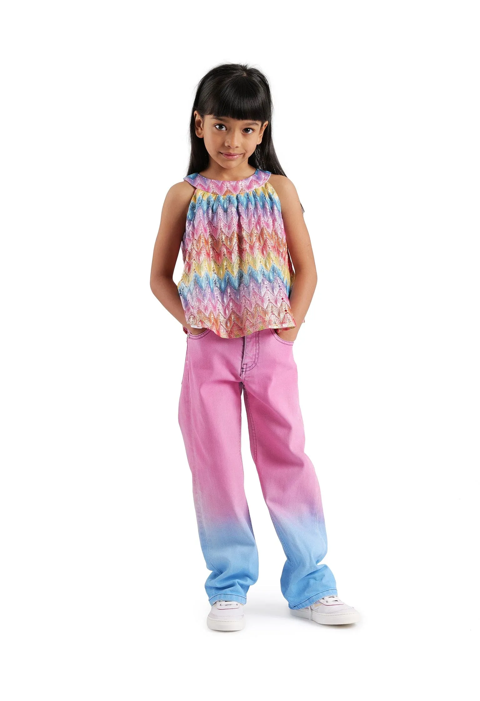 Girls Sleeveless Zigzag Top in Multicolour
