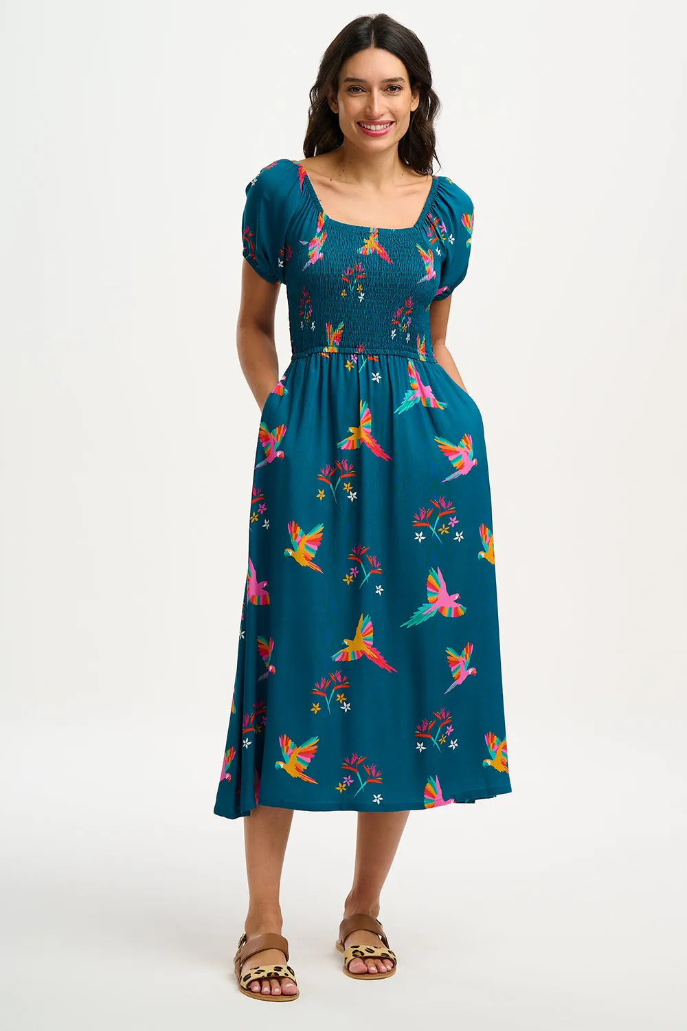 Jolene Midi Shirred Dress - Teal. Rainbow Parrots