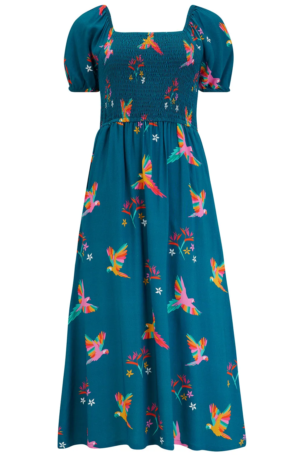 Jolene Midi Shirred Dress - Teal. Rainbow Parrots