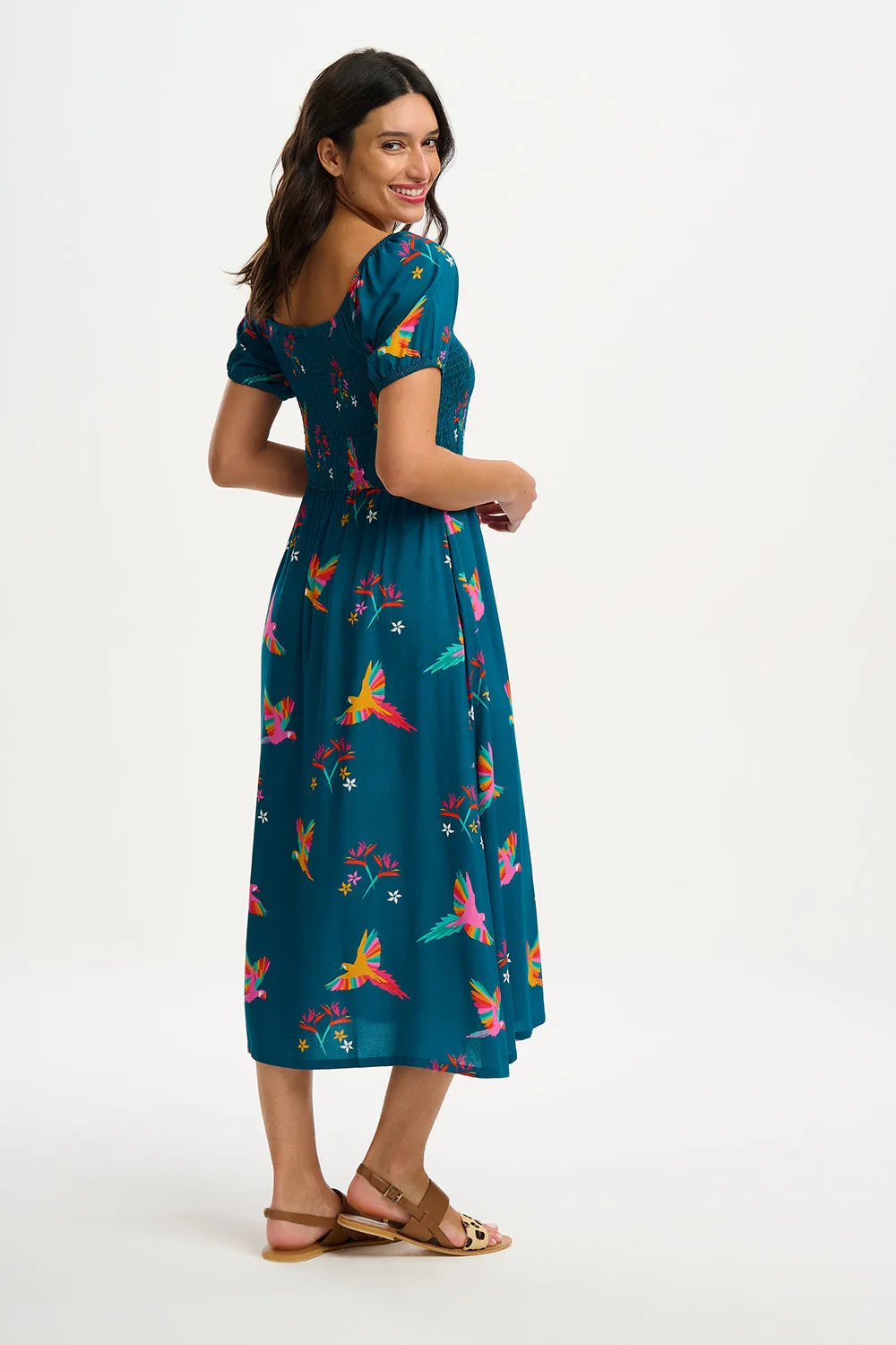 Jolene Midi Shirred Dress - Teal. Rainbow Parrots