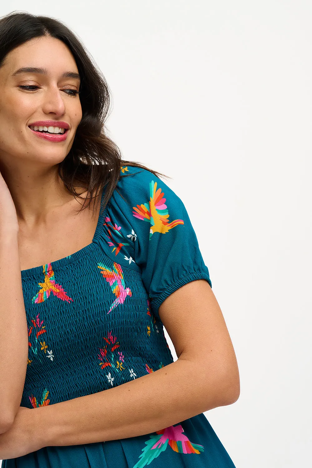 Jolene Midi Shirred Dress - Teal. Rainbow Parrots