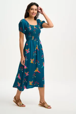 Jolene Midi Shirred Dress - Teal. Rainbow Parrots