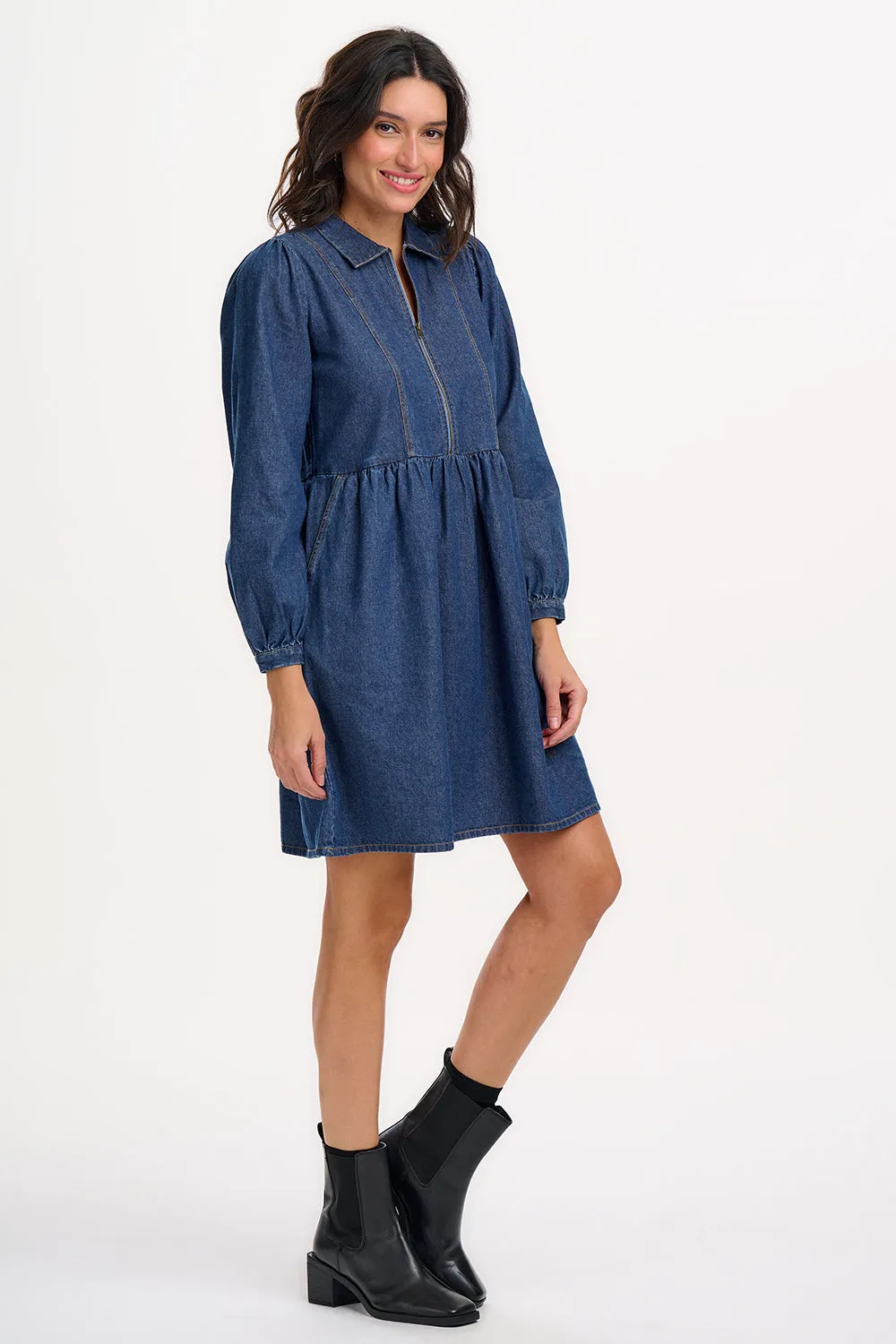 Karen Mini Smock Dress - Deep Blue Denim