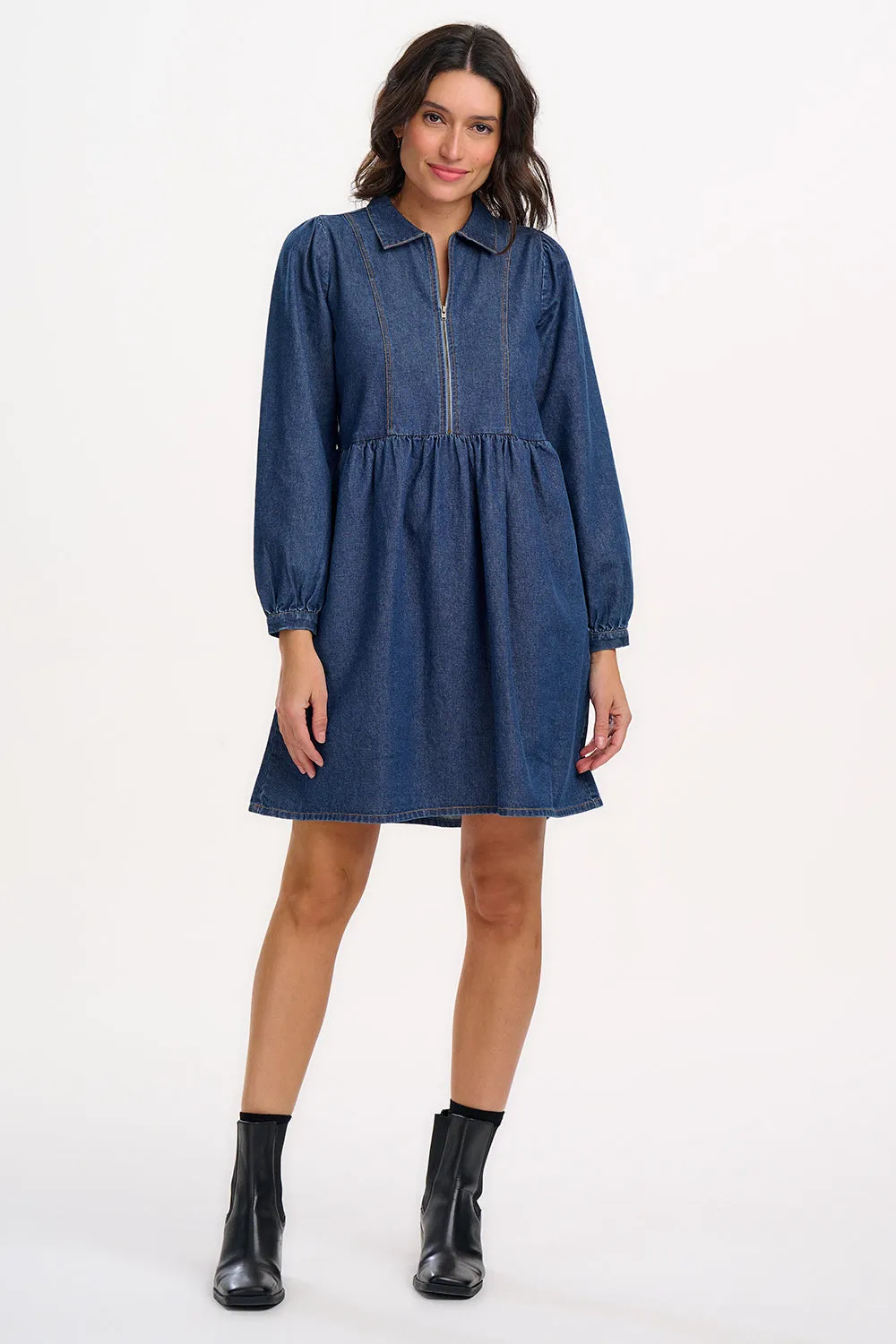 Karen Mini Smock Dress - Deep Blue Denim