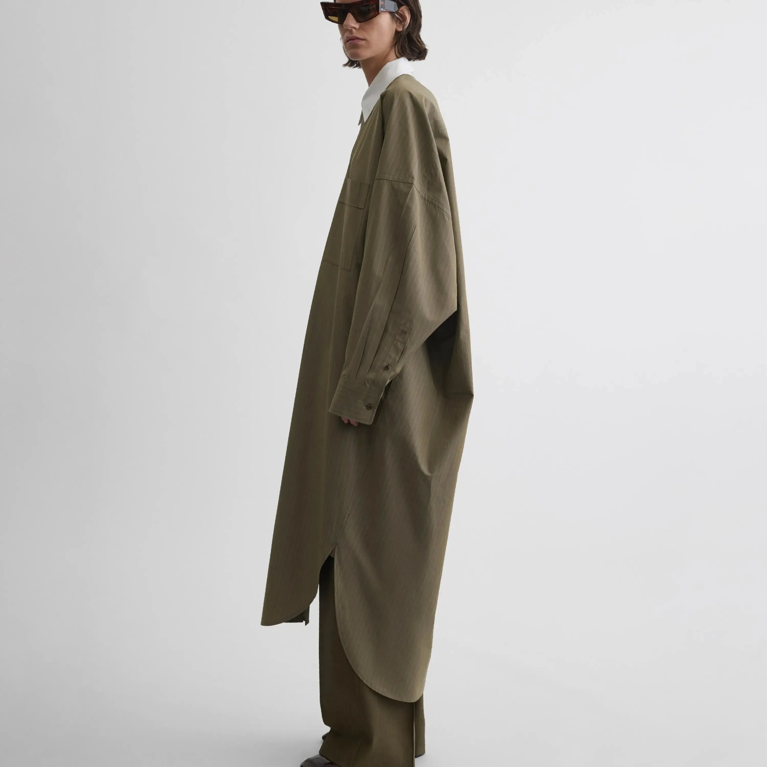 LONG SHIRT DRESS | tobacco white pinstripe cotton