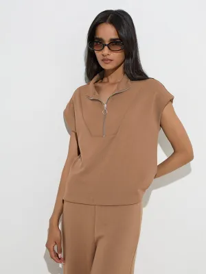 LOV Brown Solid Quarter Zip Top