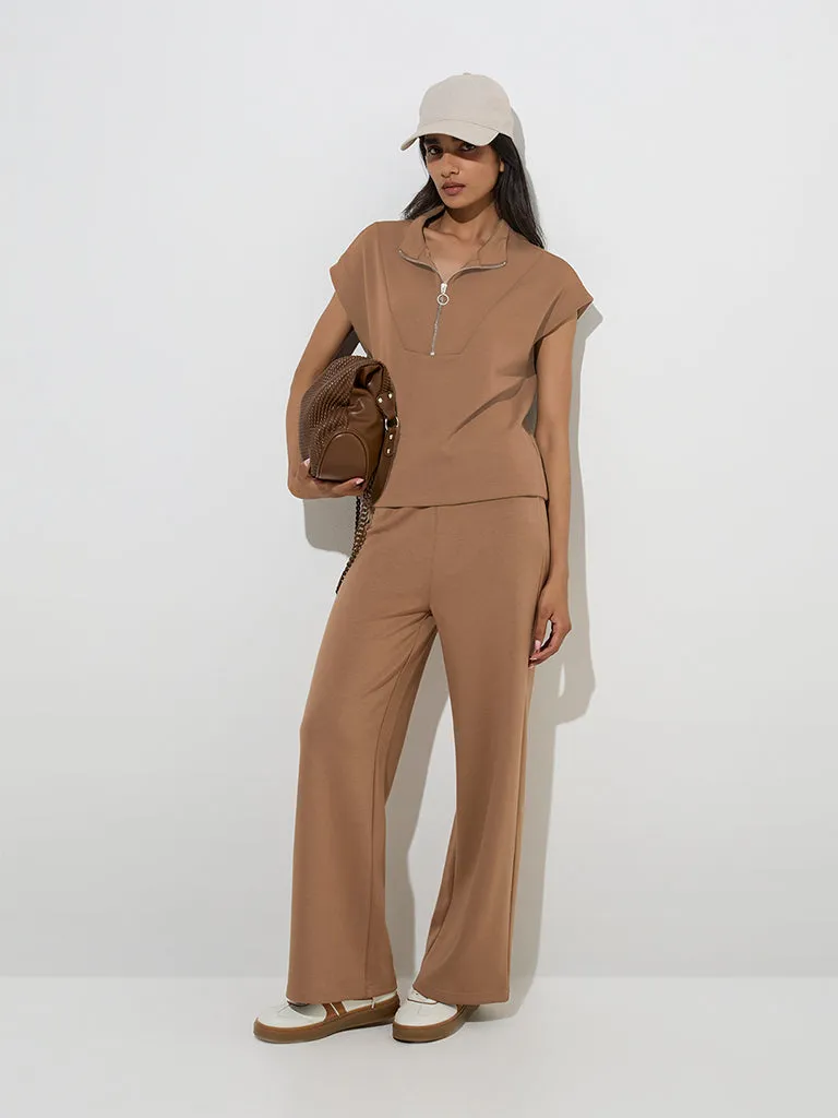 LOV Brown Solid Quarter Zip Top