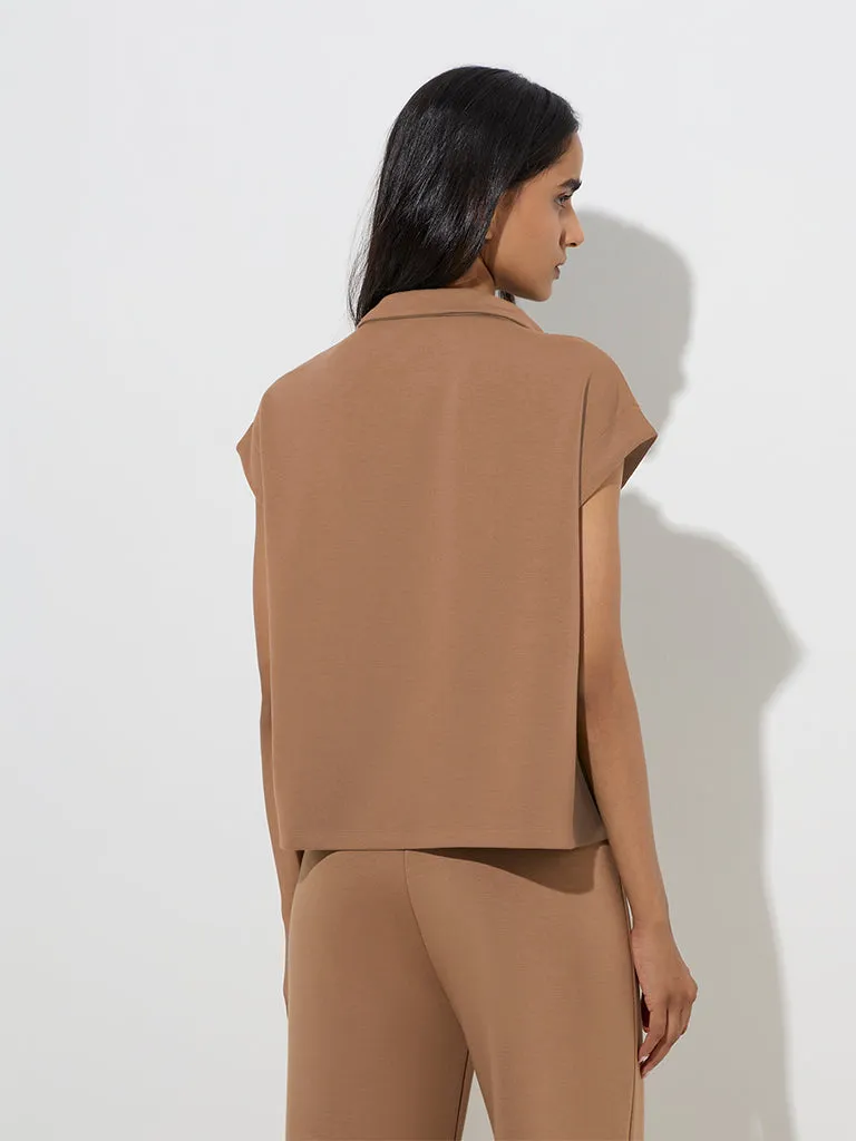 LOV Brown Solid Quarter Zip Top