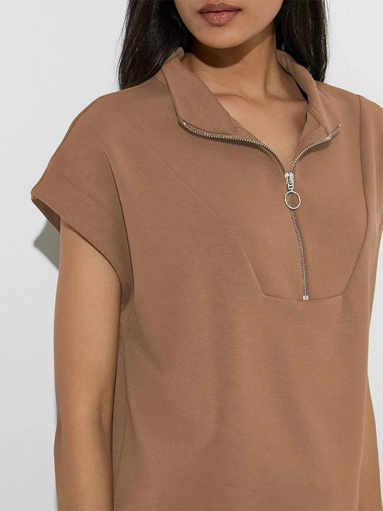 LOV Brown Solid Quarter Zip Top