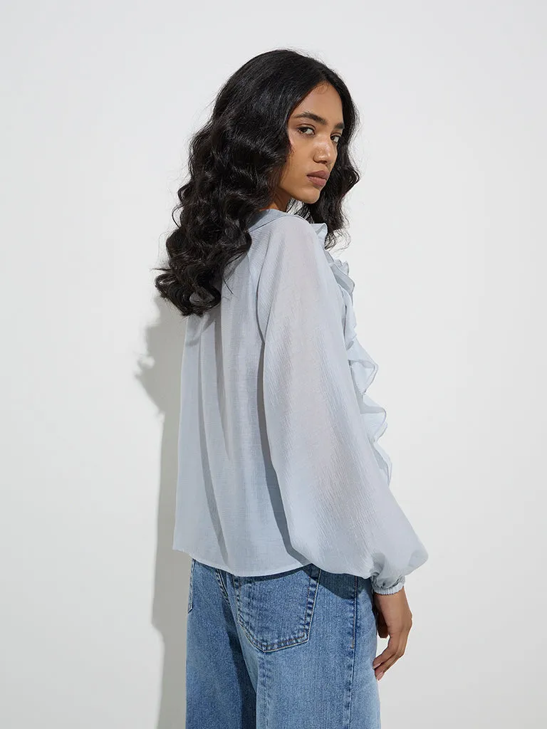 LOV Light Blue Ruffle Detailed Cotton-Blend Top