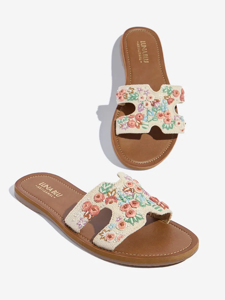 LUNA BLU Ivory Floral Embroidered Artisanal Slides
