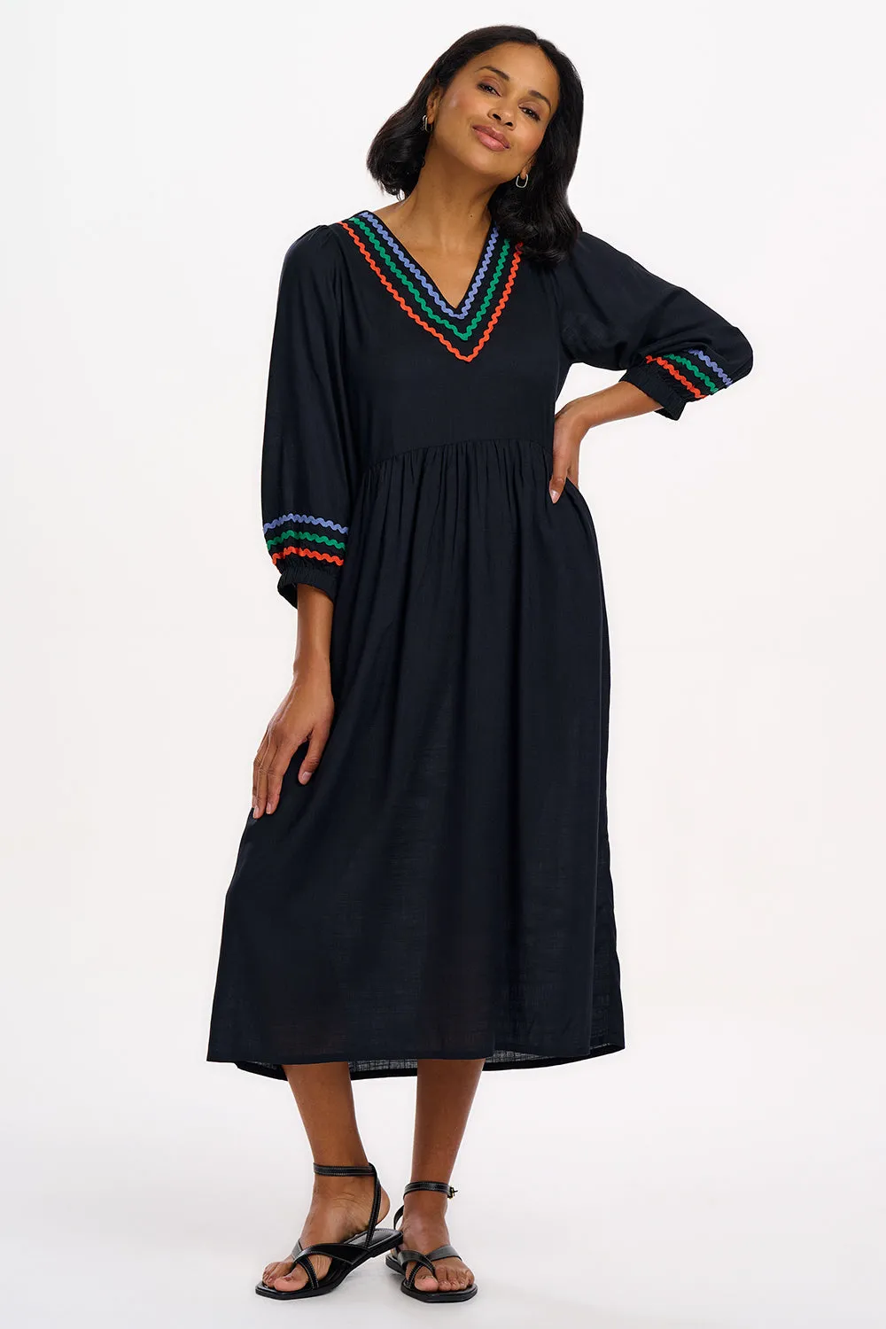 Miquita Midi Smock Dress - Black. Rainbow Ric Rac