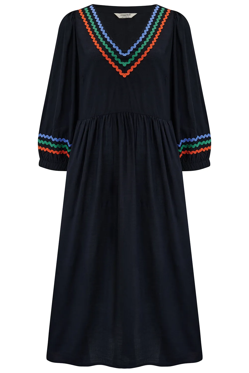 Miquita Midi Smock Dress - Black. Rainbow Ric Rac