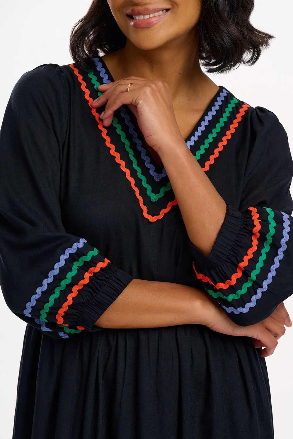 Miquita Midi Smock Dress - Black. Rainbow Ric Rac