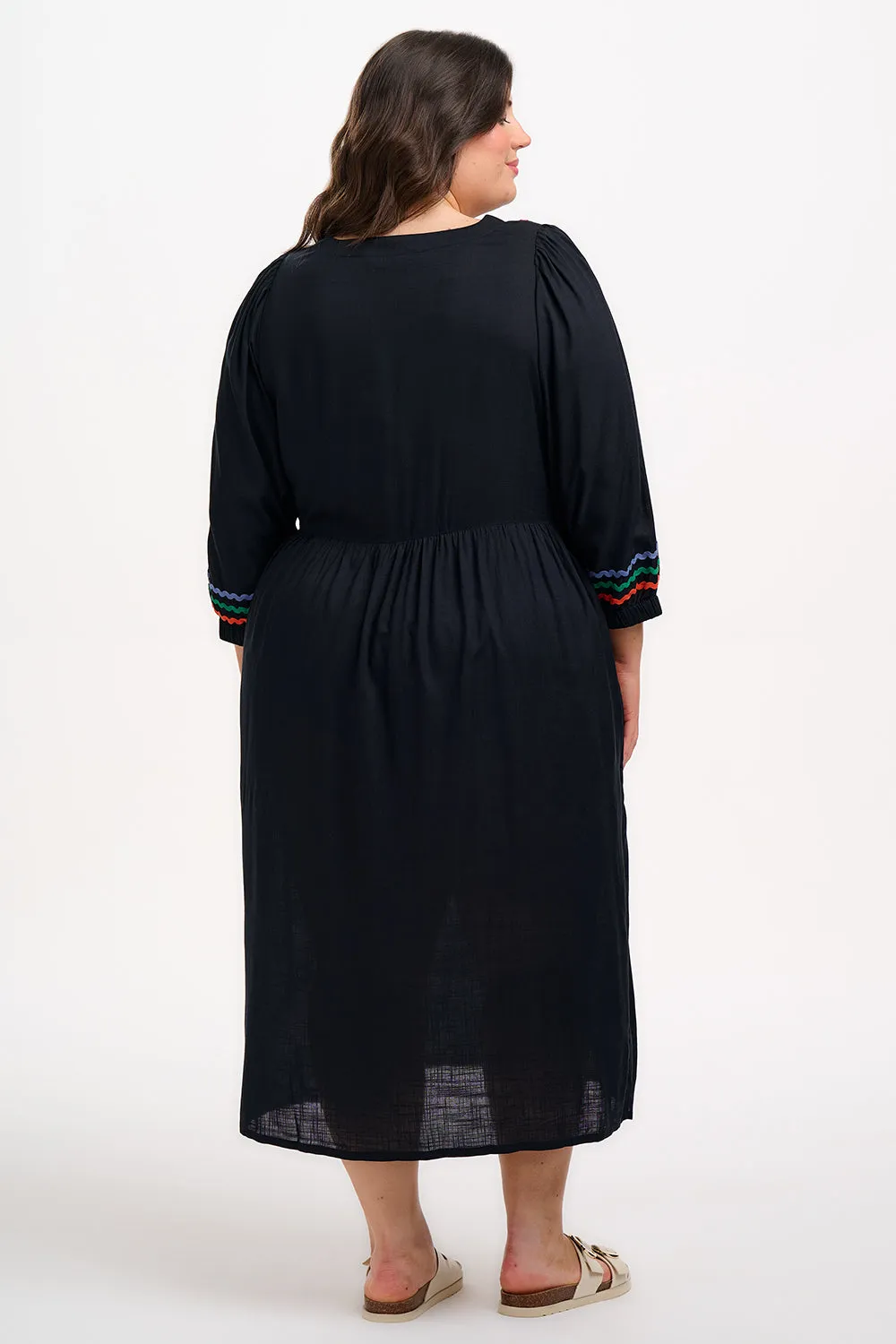 Miquita Midi Smock Dress - Black. Rainbow Ric Rac