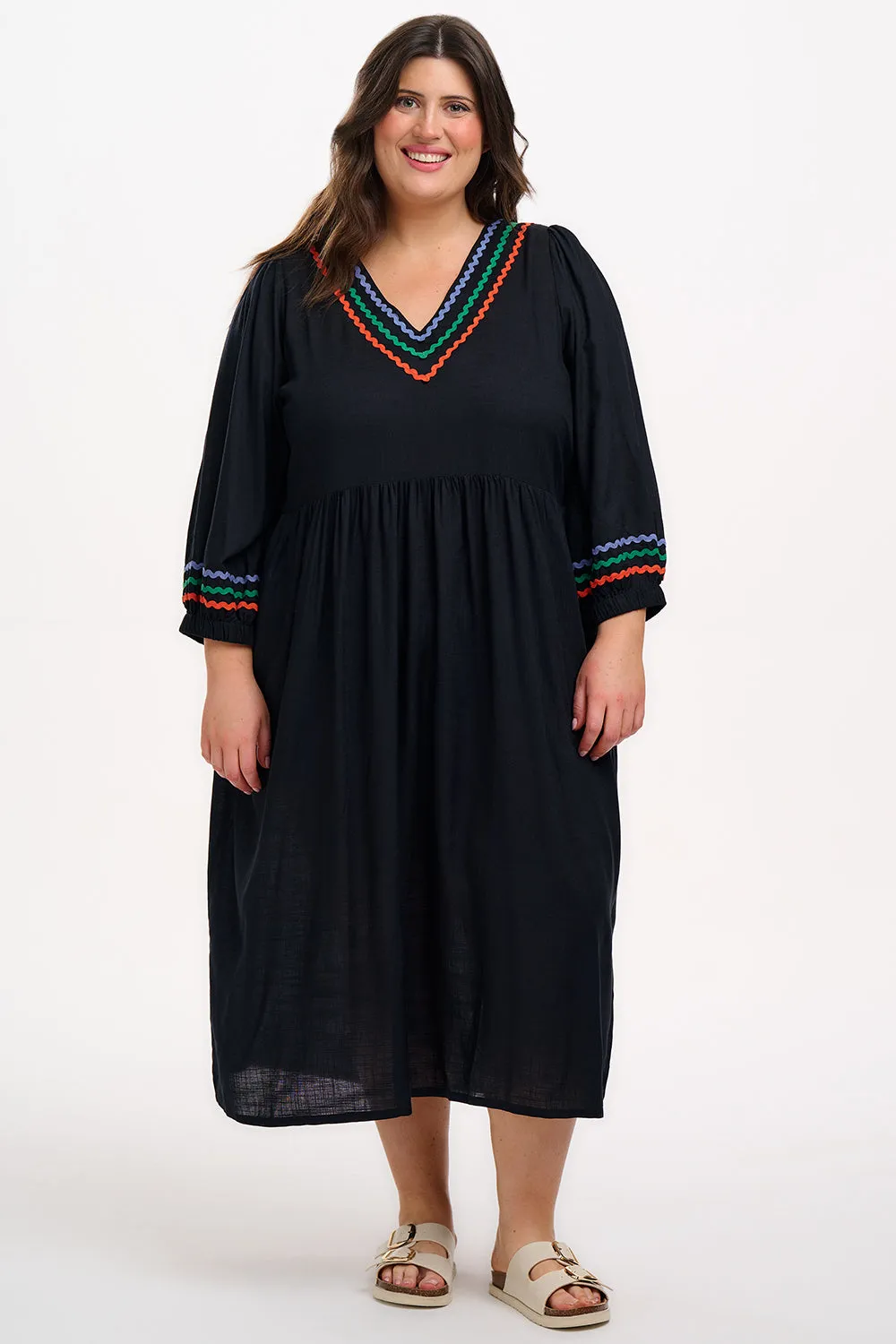 Miquita Midi Smock Dress - Black. Rainbow Ric Rac